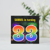 おもしろい花火+レインボーパターン「33」誕生日番号 招待状 (スタンド正面)