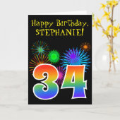 おもしろい花火+レインボーパターン「34」誕生日番号 カード (黄色い花)