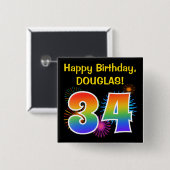 おもしろい花火+レインボーパターン「34」誕生日番号 缶バッジ (正面&裏面)