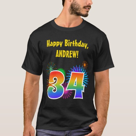 おもしろい花火+レインボーパターン「34」誕生日番号 Tシャツ (正面)