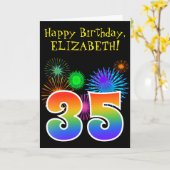 おもしろい花火+レインボーパターン「35」誕生日番号 カード (黄色い花)