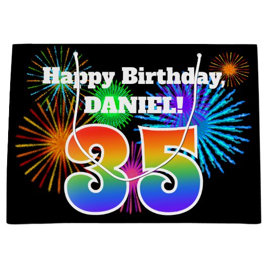 おもしろい花火+レインボーパターン「35」誕生日番号 ラージペーパーバッグ (正面)