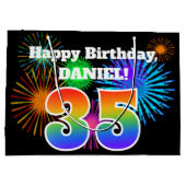 おもしろい花火+レインボーパターン「35」誕生日番号 ラージペーパーバッグ (裏面)