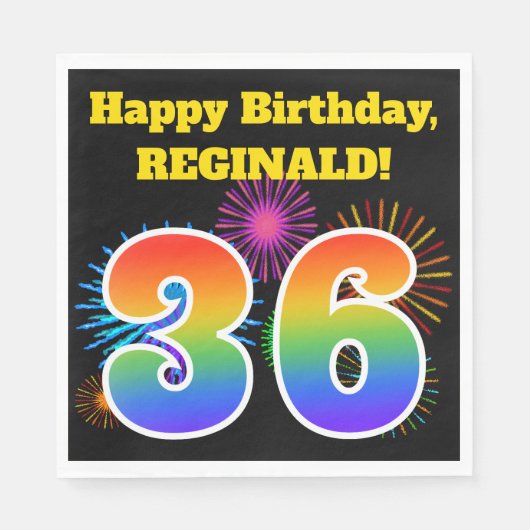 おもしろい花火+レインボーパターン「36」誕生日番号 スタンダードランチョンナプキン (正面)