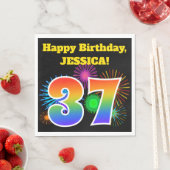 おもしろい花火+レインボーパターン「37」誕生日番号 スタンダードランチョンナプキン (インサイチュ)