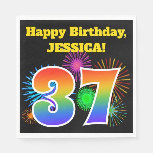 おもしろい花火+レインボーパターン「37」誕生日番号 スタンダードランチョンナプキン (正面)