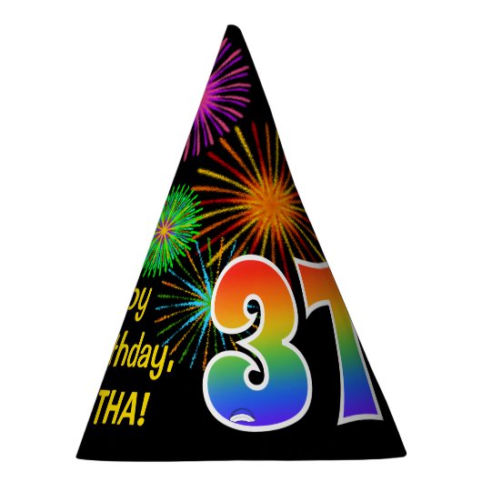 おもしろい花火+レインボーパターン「37」誕生日番号 パーティーハット (右)
