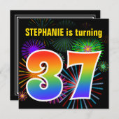 おもしろい花火+レインボーパターン「37」誕生日番号 招待状 (正面/裏面)