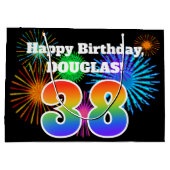 おもしろい花火+レインボーパターン「38」誕生日番号 ラージペーパーバッグ (裏面)