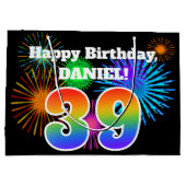 おもしろい花火+レインボーパターン「39」誕生日番号 ラージペーパーバッグ (裏面)