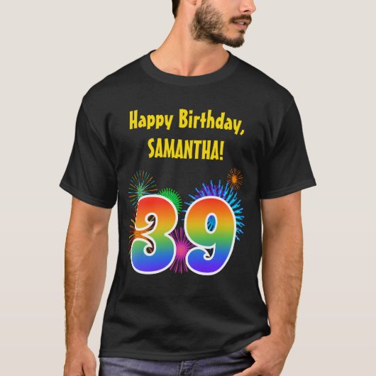 おもしろい花火+レインボーパターン「39」誕生日番号 Tシャツ (正面)
