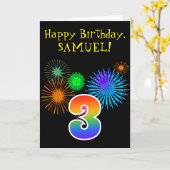 おもしろい花火+レインボーパターン「3」誕生日番号 カード (黄色い花)