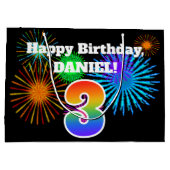 おもしろい花火+レインボーパターン「3」誕生日番号 ラージペーパーバッグ (裏面)