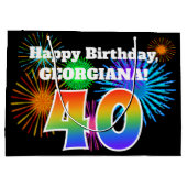 おもしろい花火+レインボーパターン「40」誕生日番号 ラージペーパーバッグ (裏面)