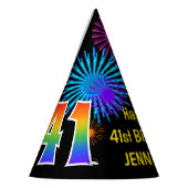 おもしろい花火+レインボーパターン「41」誕生日番号 パーティーハット (左)