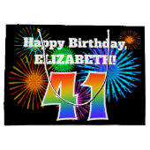 おもしろい花火+レインボーパターン「41」誕生日番号 ラージペーパーバッグ (裏面)