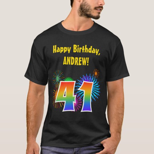 おもしろい花火+レインボーパターン「41」誕生日番号 Tシャツ (正面)