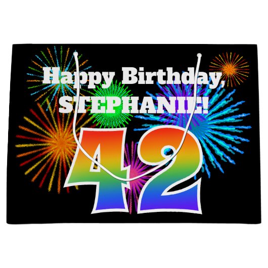 おもしろい花火+レインボーパターン「42」誕生日番号 ラージペーパーバッグ (正面)