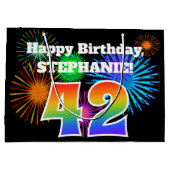 おもしろい花火+レインボーパターン「42」誕生日番号 ラージペーパーバッグ (裏面)