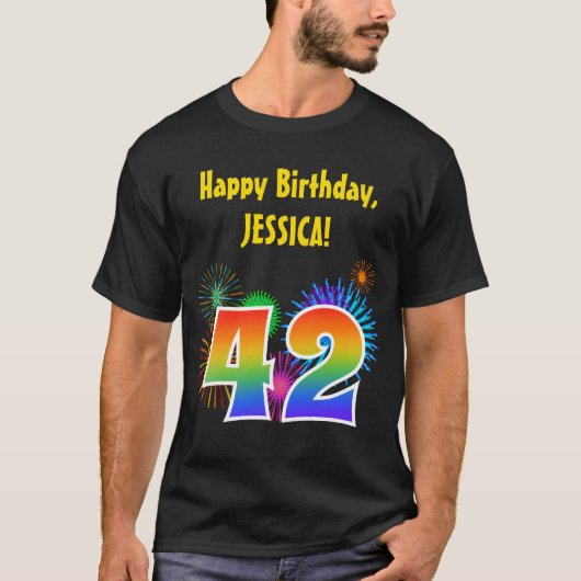 おもしろい花火+レインボーパターン「42」誕生日番号 Tシャツ (正面)