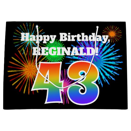 おもしろい花火+レインボーパターン「43」誕生日番号 ラージペーパーバッグ (正面)
