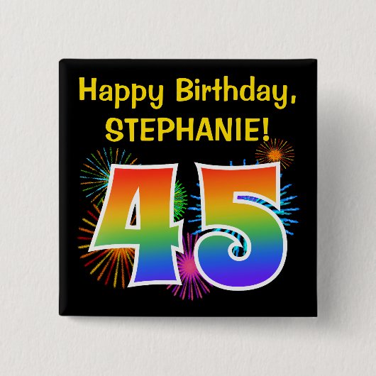 おもしろい花火+レインボーパターン「45」誕生日番号 缶バッジ (正面)