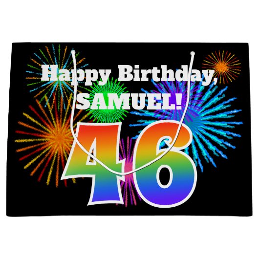 おもしろい花火+レインボーパターン「46」誕生日番号 ラージペーパーバッグ (正面)