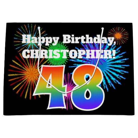 おもしろい花火+レインボーパターン「48」誕生日番号 ラージペーパーバッグ (正面)