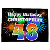 おもしろい花火+レインボーパターン「48」誕生日番号 ラージペーパーバッグ (裏面)