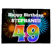 おもしろい花火+レインボーパターン「49」誕生日番号 ラージペーパーバッグ (裏面)