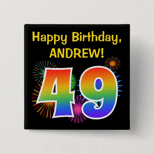 おもしろい花火+レインボーパターン「49」誕生日番号 缶バッジ (正面)