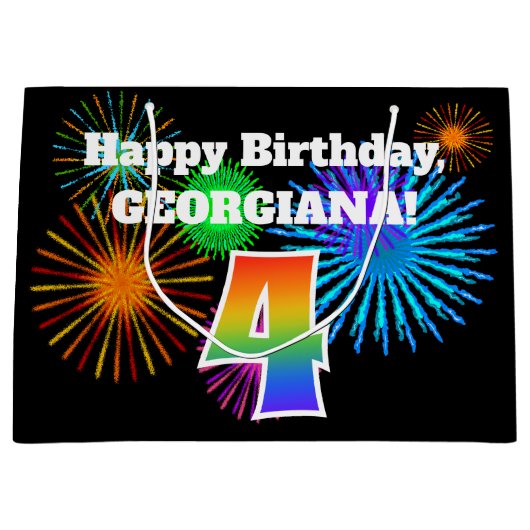 おもしろい花火+レインボーパターン「4」誕生日番号 ラージペーパーバッグ (正面)