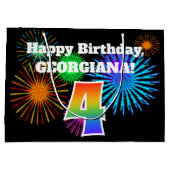 おもしろい花火+レインボーパターン「4」誕生日番号 ラージペーパーバッグ (裏面)