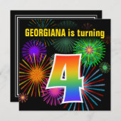 おもしろい花火+レインボーパターン「4」誕生日番号 招待状 (正面/裏面)