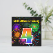 おもしろい花火+レインボーパターン「4」誕生日番号 招待状 (スタンド正面)