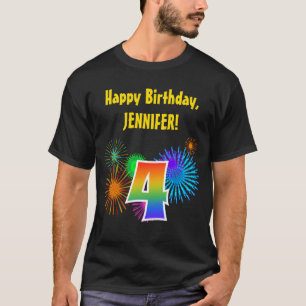 おもしろい花火+レインボーパターン「4」誕生日番号 Tシャツ