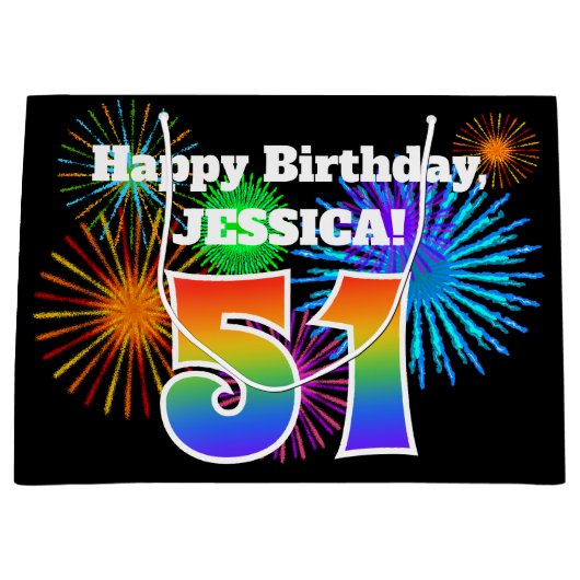 おもしろい花火+レインボーパターン「51」誕生日番号 ラージペーパーバッグ (正面)