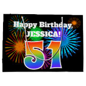 おもしろい花火+レインボーパターン「51」誕生日番号 ラージペーパーバッグ (裏面)