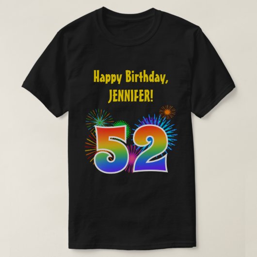 おもしろい花火+レインボーパターン「52」誕生日番号 Tシャツ (デザイン正面)
