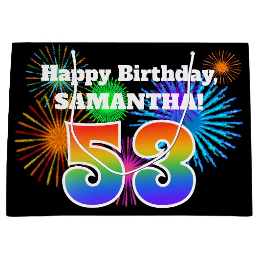 おもしろい花火+レインボーパターン「53」誕生日番号 ラージペーパーバッグ (正面)