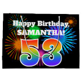 おもしろい花火+レインボーパターン「53」誕生日番号 ラージペーパーバッグ (裏面)
