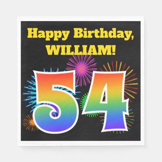 おもしろい花火+レインボーパターン「54」誕生日番号 スタンダードランチョンナプキン (正面)