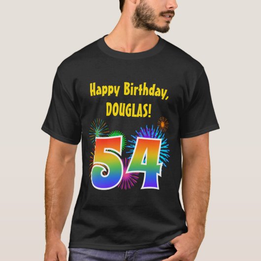 おもしろい花火+レインボーパターン「54」誕生日番号 Tシャツ (正面)