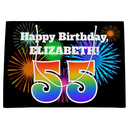 おもしろい花火+レインボーパターン「55」誕生日番号 ラージペーパーバッグ (正面)