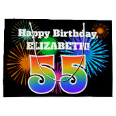 おもしろい花火+レインボーパターン「55」誕生日番号 ラージペーパーバッグ (裏面)