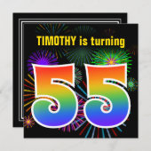 おもしろい花火+レインボーパターン「55」誕生日番号 招待状 (正面/裏面)