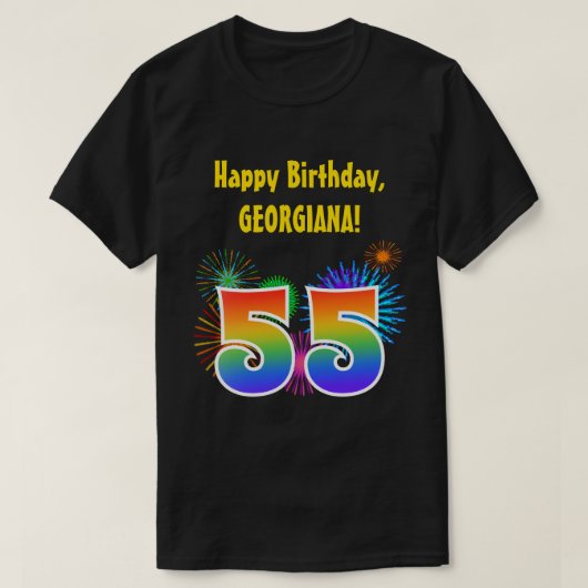 おもしろい花火+レインボーパターン「55」誕生日番号 Tシャツ (デザイン正面)