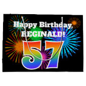 おもしろい花火+レインボーパターン「57」誕生日番号 ラージペーパーバッグ (裏面)