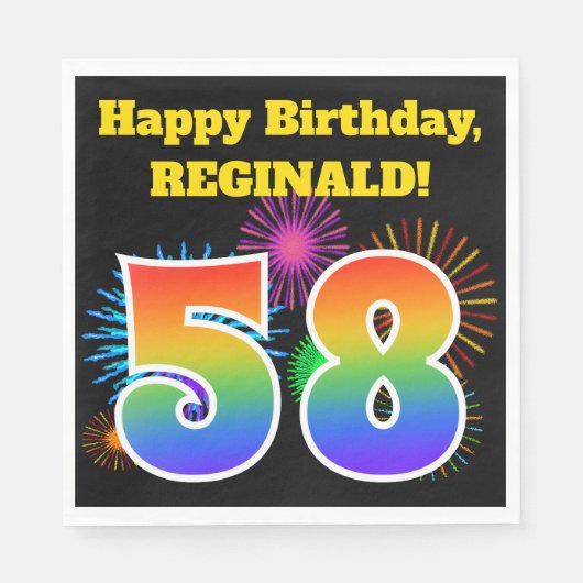 おもしろい花火+レインボーパターン「58」誕生日番号 スタンダードランチョンナプキン (正面)
