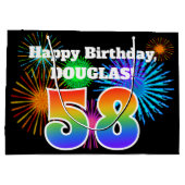 おもしろい花火+レインボーパターン「58」誕生日番号 ラージペーパーバッグ (裏面)
